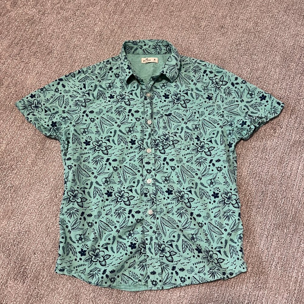 Hollister Button Up Shirt Mens Medium M Green Blue With Print Short Sleeve